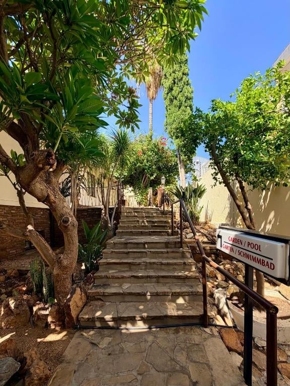 Outdoor stone pathway lined with palm trees and tropical vegetation leading uphill on a sunny day