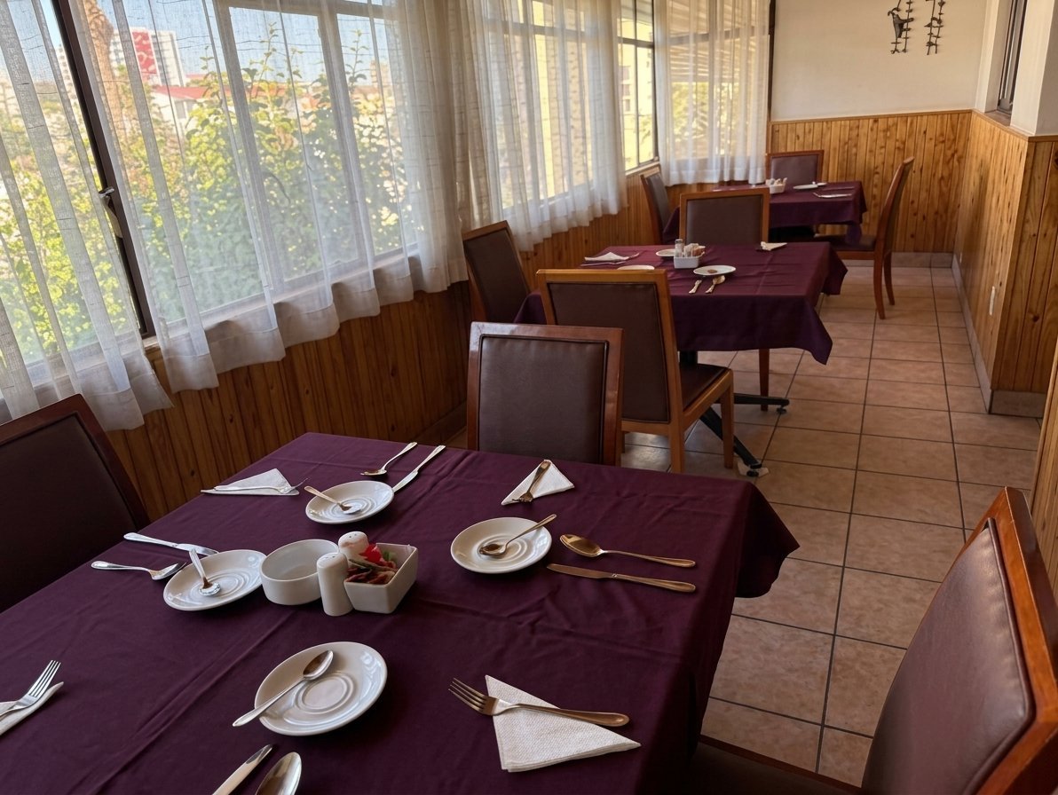 Fine dining restaurant interior with purple tablecloths, place settings, wooden chairs, and large windows overlooking a city street