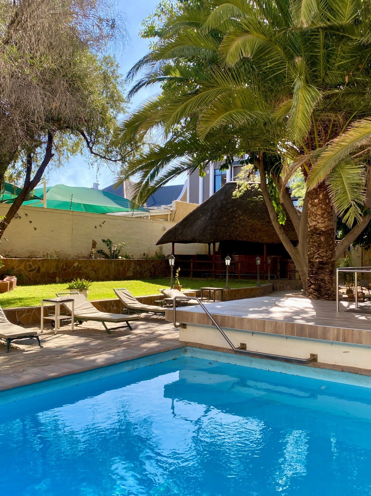 Bright blue swimming pool with lounge chairs, palm trees, and thatched-roof structures in a sunny backyard resort setting